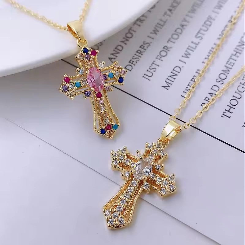 Women Hip Hop Zircon Cross Shiny Pendant Stainless Steel Necklace